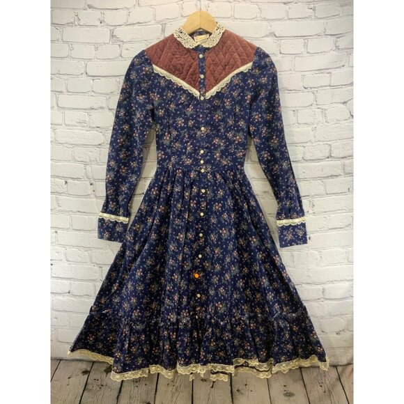 Gunne Sax Dress Vintage 70’s Prairie Girl Floral Print Lace High Collar XS Jr 5 - Picture 2 of 12
